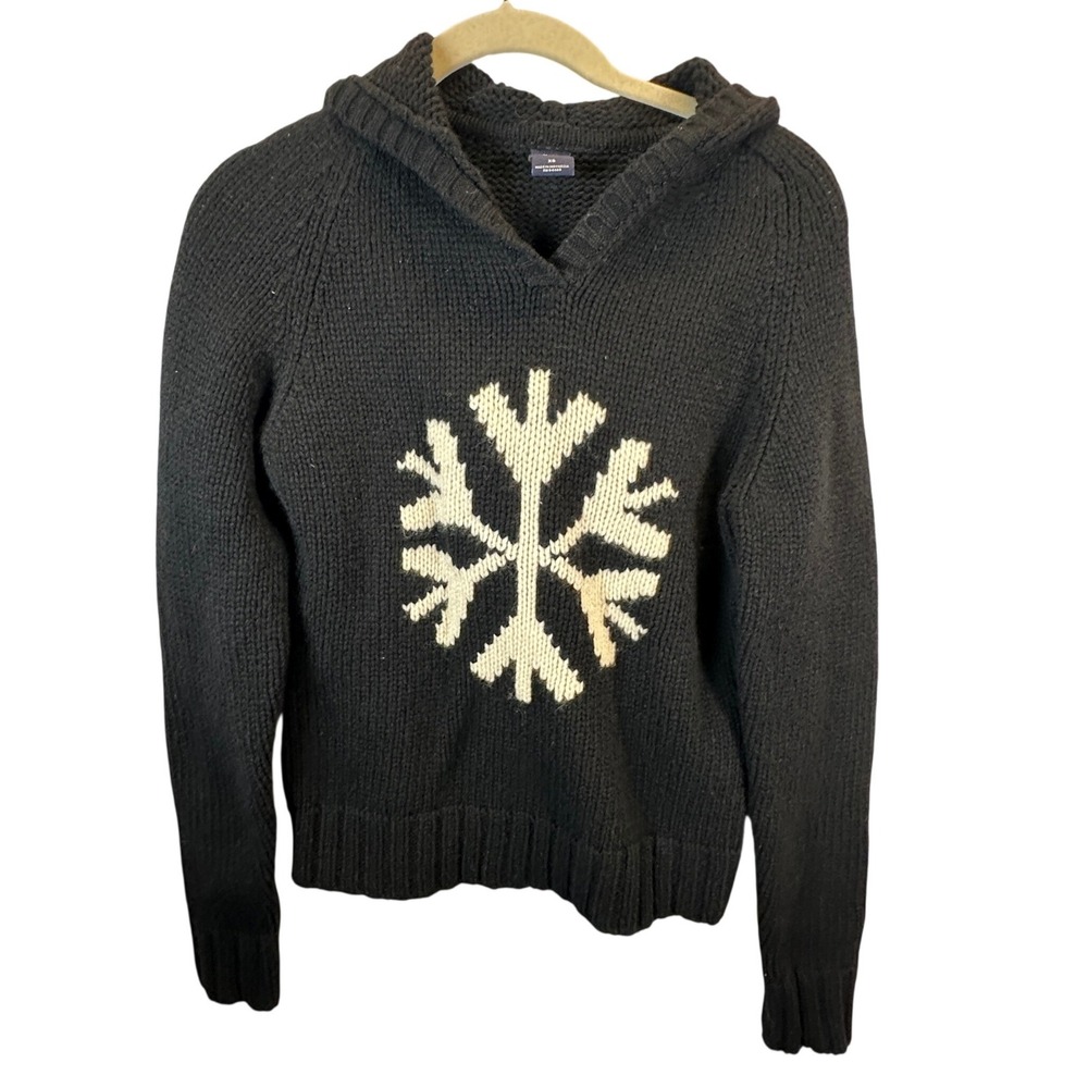 Gap 100% Lambswool Black Snowflake Hooded Sweater XS Christmas Ski Wool Chunky